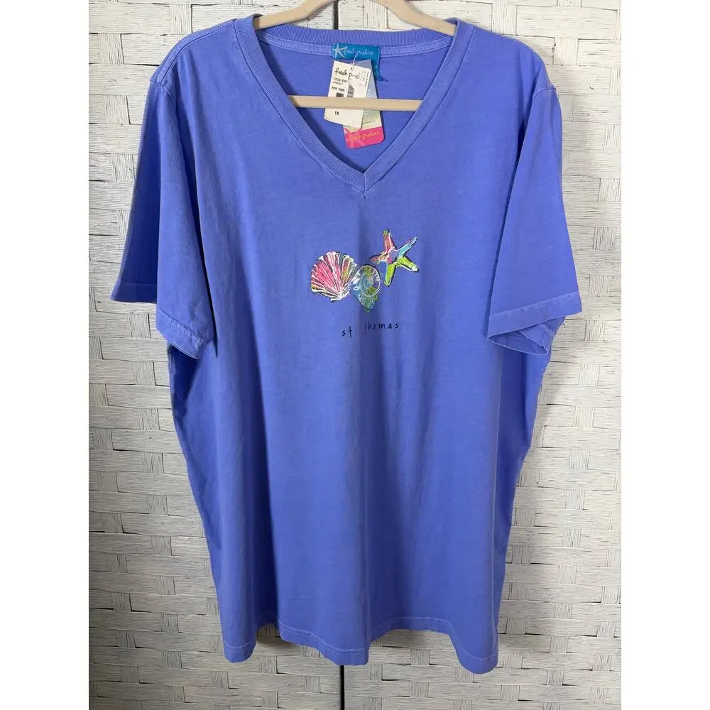 Fresh produce women’s T-shirt V-neck, St. Thomas shells coastal plus size ￼ - Picture 2 of 11